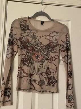 wild fable Beige Sheer Floral & Heart Graphic Long-Sleeve Top
